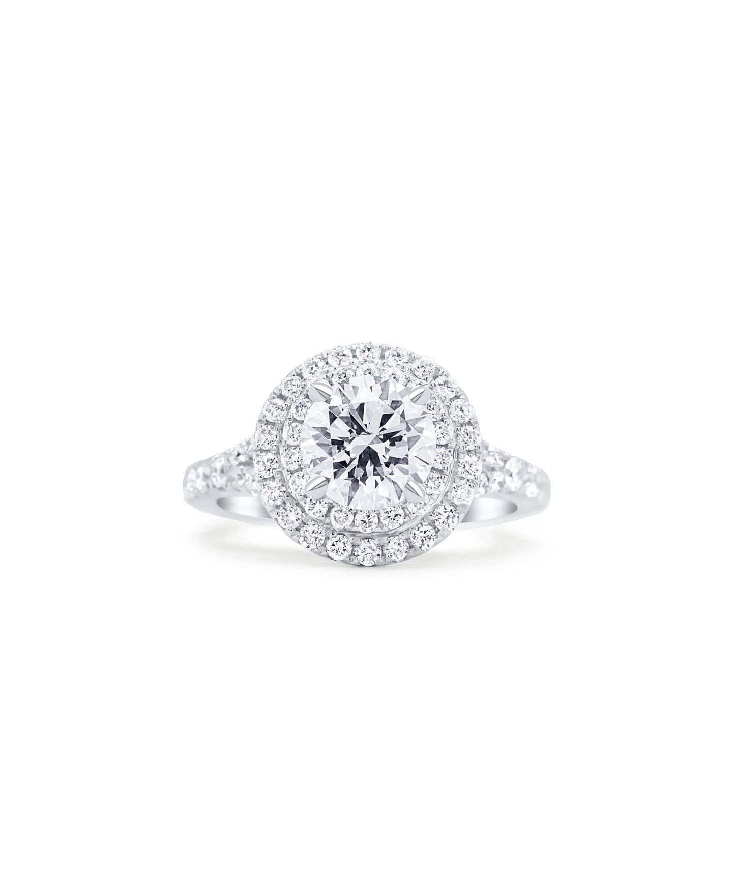 Round Brilliant Cut with Split Shank Cathedral and Dual Diamond Halo