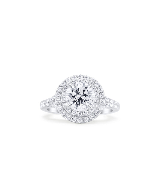 Round Brilliant Cut with Split Shank Cathedral and Dual Diamond Halo