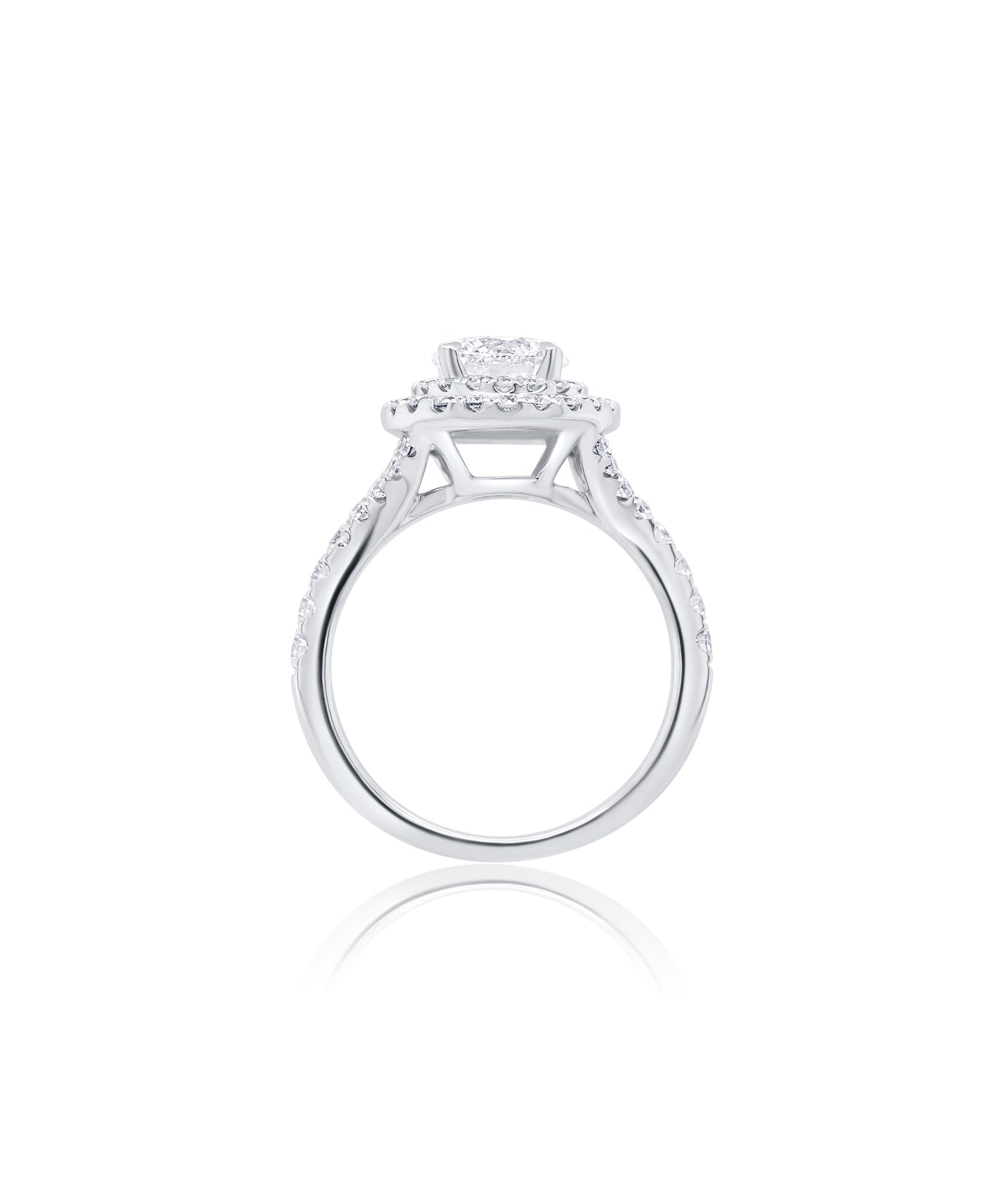 Round Brilliant Cut with Split Shank Cathedral and Dual Diamond Halo