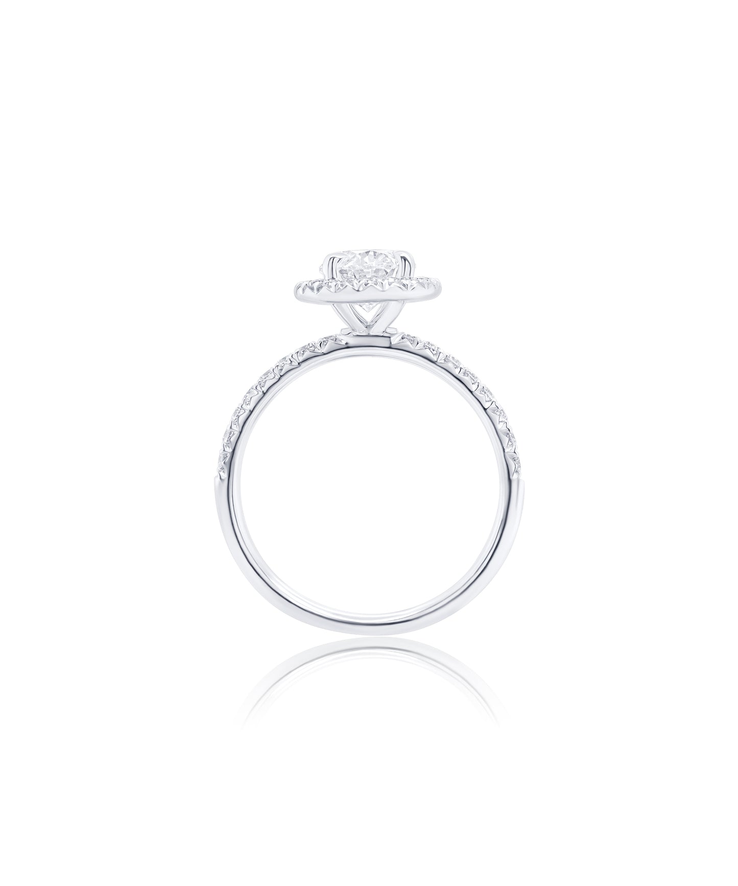 Oval Cut diamond engagement ring set in claw prongs with a diamond halo and band with diamonds pave set halfway around 