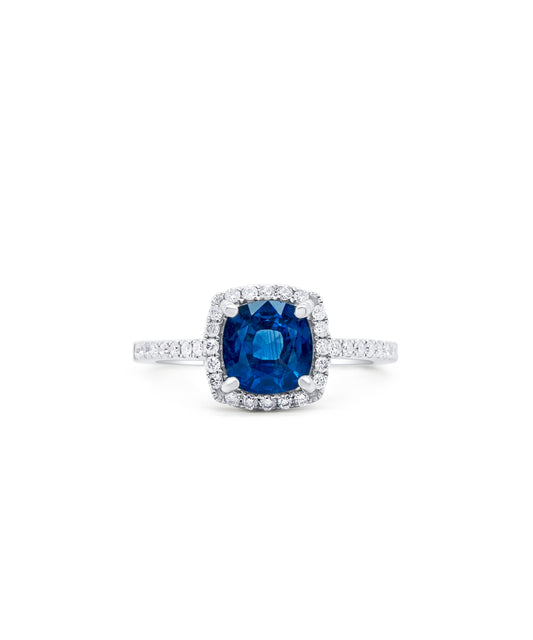 Cushion Cut Sapphire Cathedral Pave and Diamond Halo