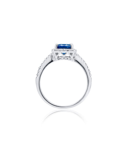 Cushion Cut Sapphire Cathedral Pave and Diamond Halo